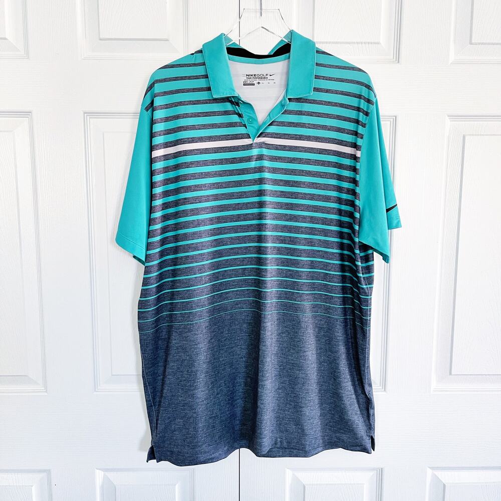 Nike Golf Tour Performance Dri-Fit Polo Turquoise Gray Striped Golf Shirt